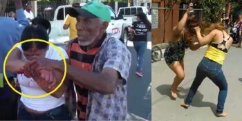 Momento en que un hombre propina estocada a una mujer frente al Palacio de Justicia de SFM y dos mujeres peleando en Jarabacoa.