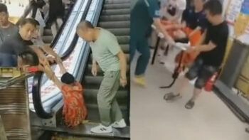 Mujer queda atrapada en escalera eléctrica y pierde una pierna