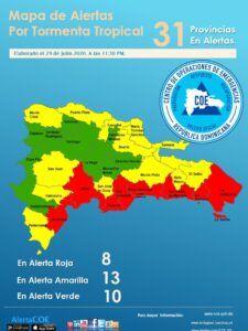 COE emite alerta roja para 13 provincias del país y el Distrito Nacional