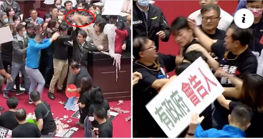 Diputados taiwaneses se lanzan puñetazos y tripas de cerdo en pleno parlamento