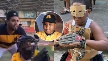 Francisco Peña cumple sueños a niño catcher de cartón