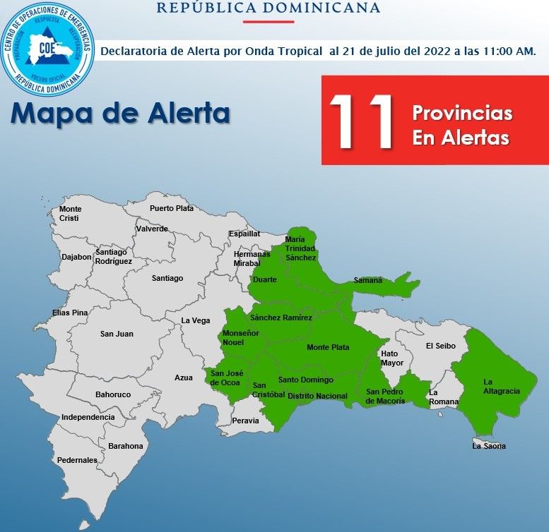 Alerta verde para 11 provincias por incidencia de vaguada