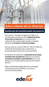 Edesur informa sustitución de transformador de potencia en Los Alcarrizos
