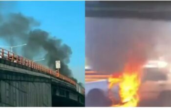 Se incendia vehículo en elevado de la Autopista Duarte