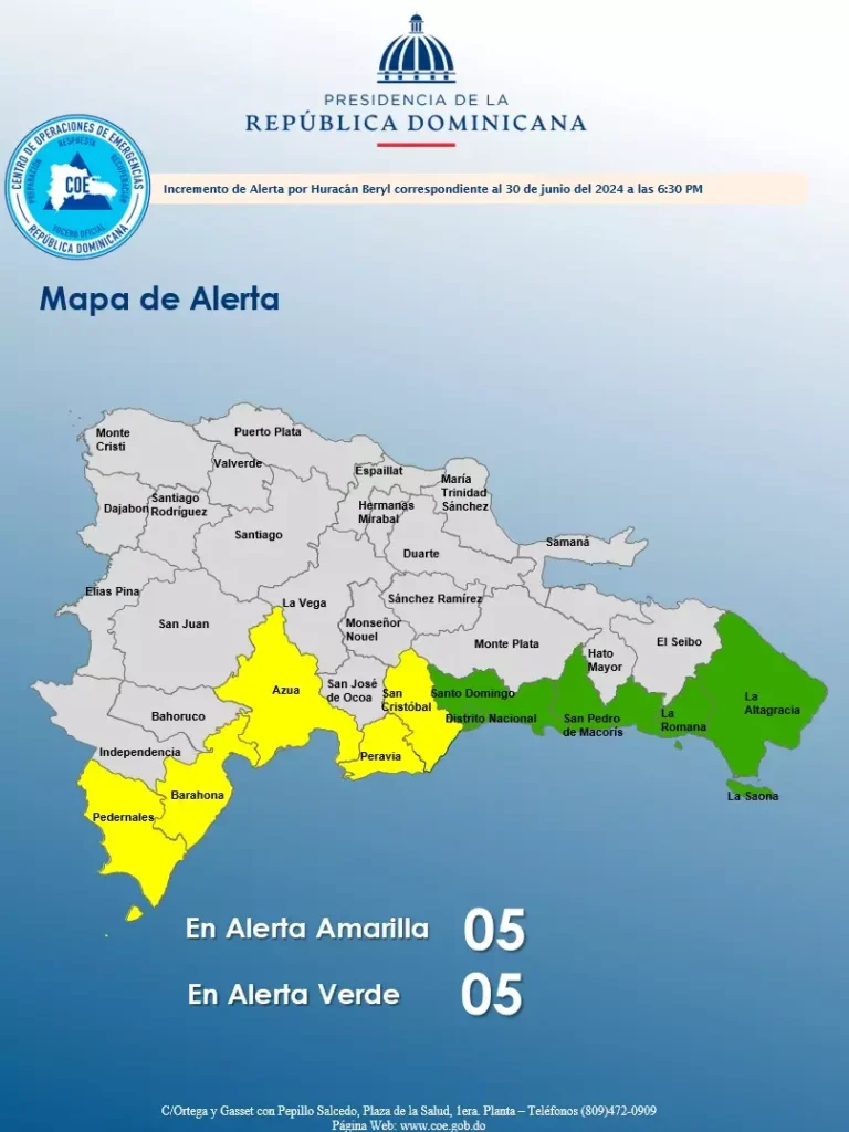 Cinco provincias en alerta amarilla y cinco en verde ante huracán Beryl