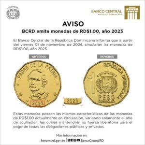 Banco Central de la República Dominicana emite moneda de RD$1.00, año 2023