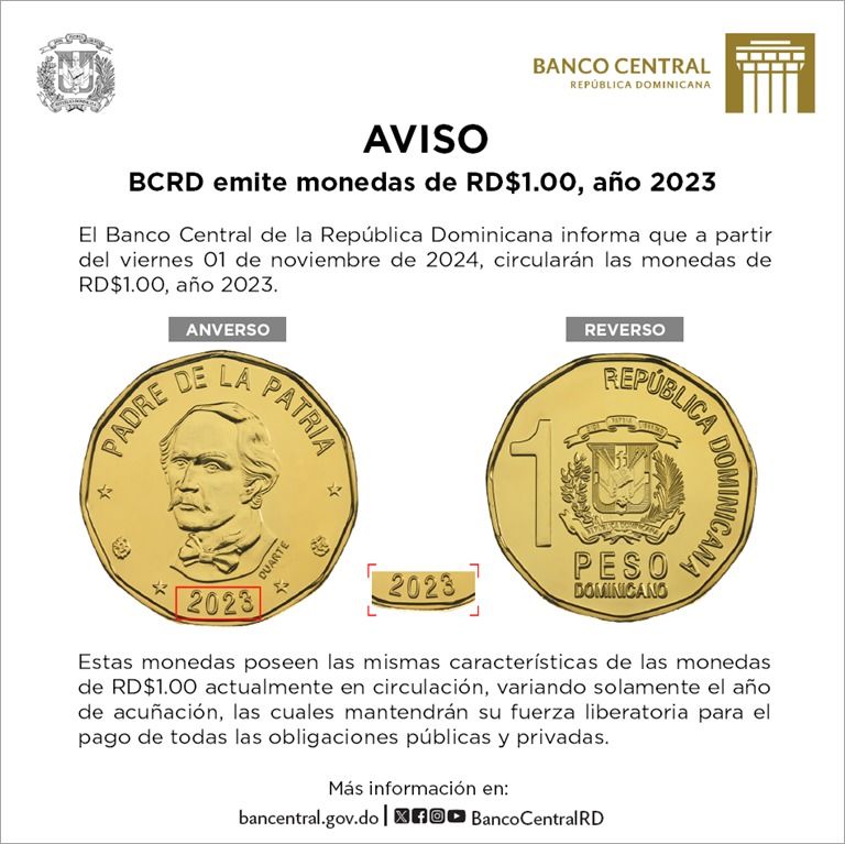 Banco Central de la República Dominicana emite moneda de RD$1.00, año 2023
