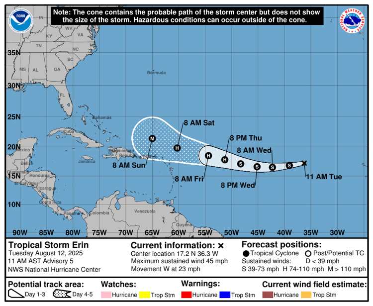 Tormenta tropical Erin podría convertirse en huracán el jueves