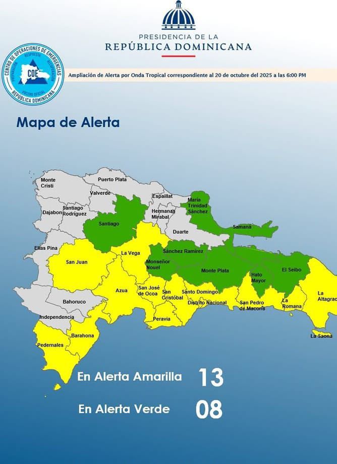 COE coloca 12 provincias y el Distrito Nacional en alerta amarilla por posible formación ciclónica