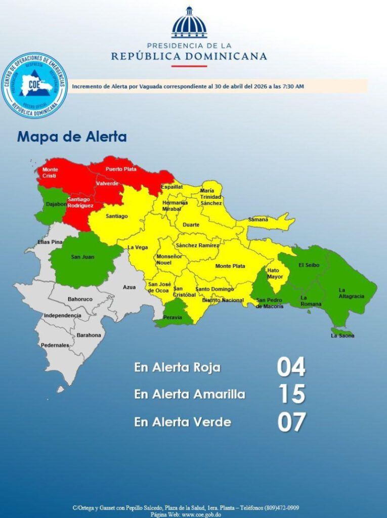 COE aumenta a 26 las provincias en alerta; cuatro en rojo