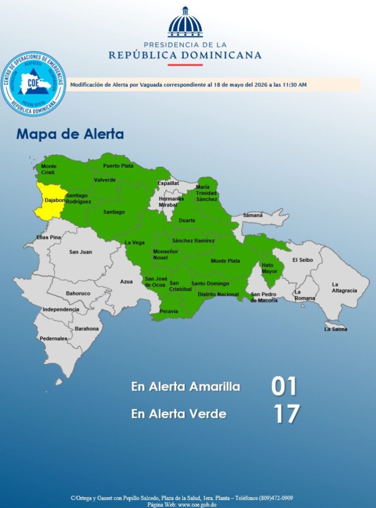 Centro de Operaciones de Emergencias coloca a Dajabón en alerta amarilla y mantiene 17 provincias en verde por vaguada